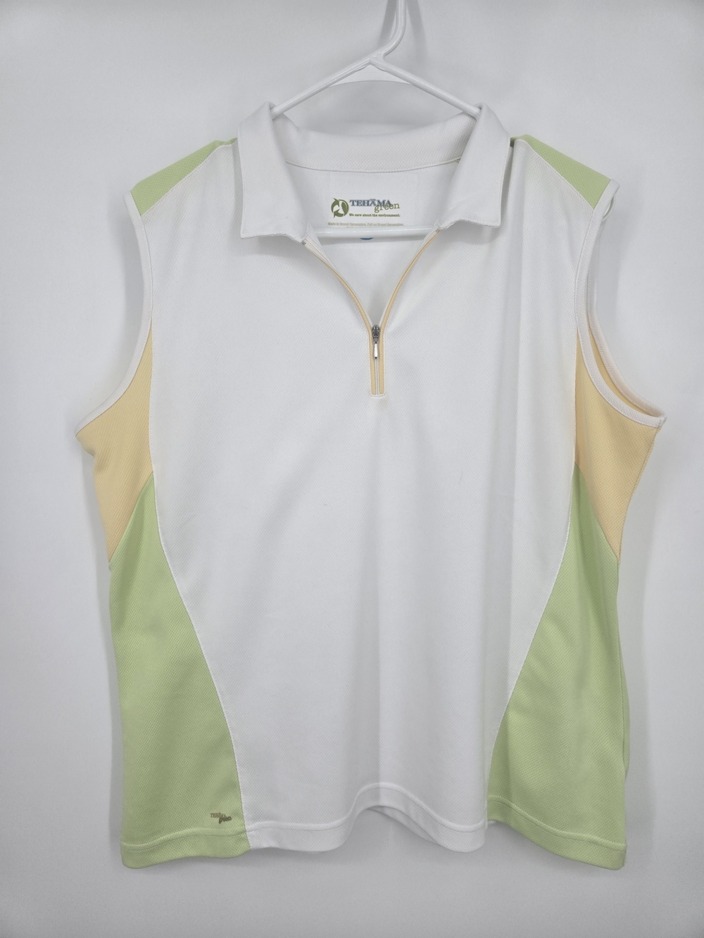 TEHAMA White Sleeveless Polo with Light Green and Pale Yellow Accents XL (6743)